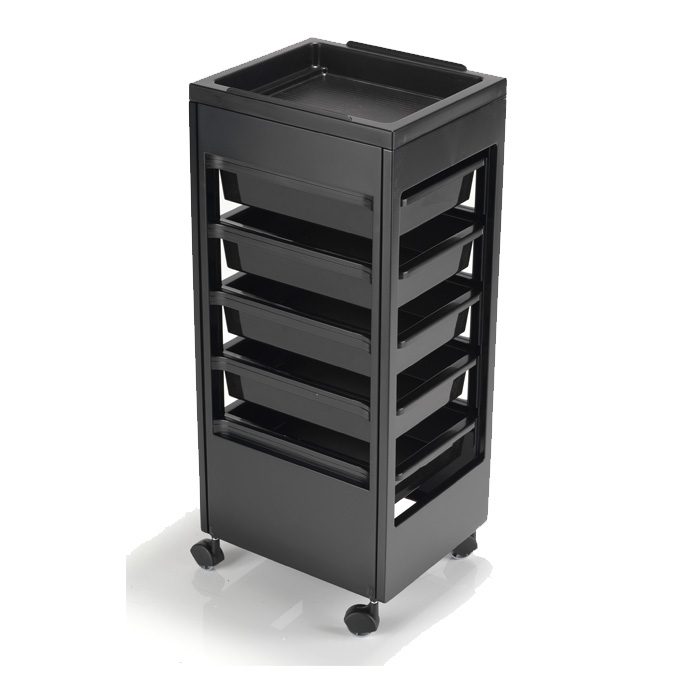 hairdresser storage trolley in black on wheels with drawers